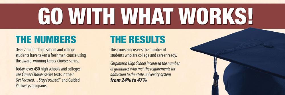 Go With What Works. The Numbers: Over 2 million high school and college students have taken a freshman course using the award-winning Career Choices series. Today over 450 high schools and colleges use Career Choices series texts in their Get Focused...Stay Focused! and Guided Pathways programs. The Results: This course increases the number of students who are college and career ready. Carpinteria High School increased the number of graduates who met the requirements for admission to the state university system from 24% to 47%.